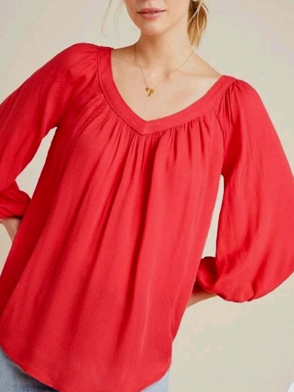 Anthropologie Maeve Cottagecore Red V-Neck Peasant Top Balloon Sleeves, Size 6